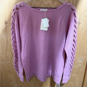 Kinross Cashmere lavender crewneck sweater with braided sleeve